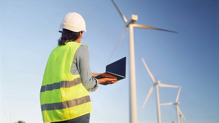 A woman looking at wind turbines