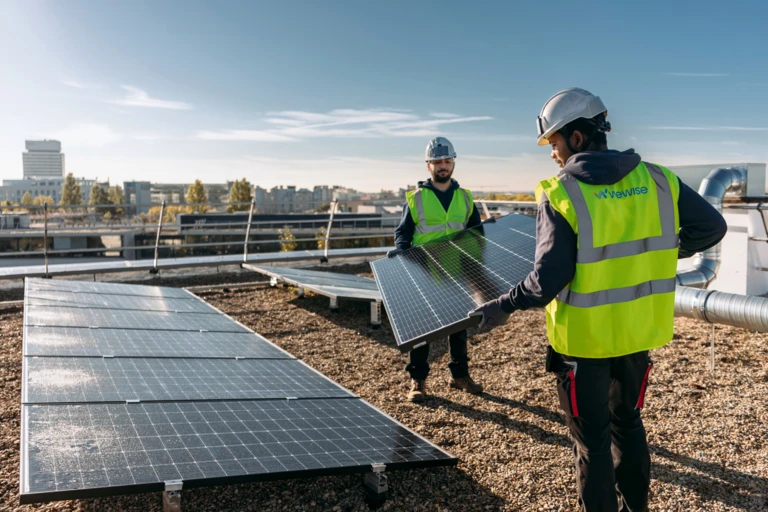 A man and a woman installing solar panels